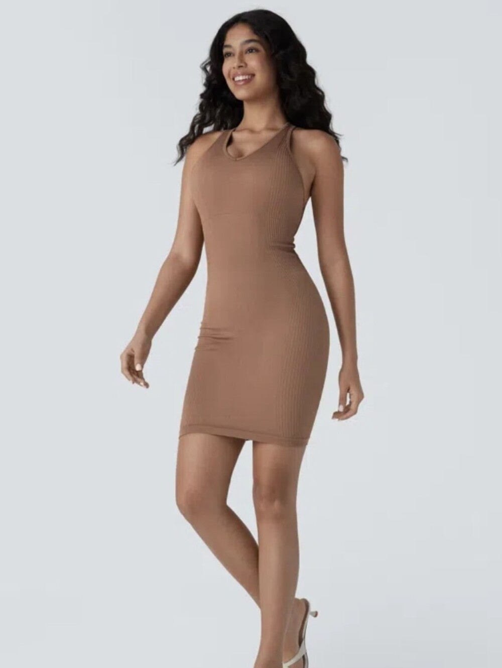 Halara Oneflow Bodycon Mini Dress Oneform Seamless Stretch Camel Brown Sz M